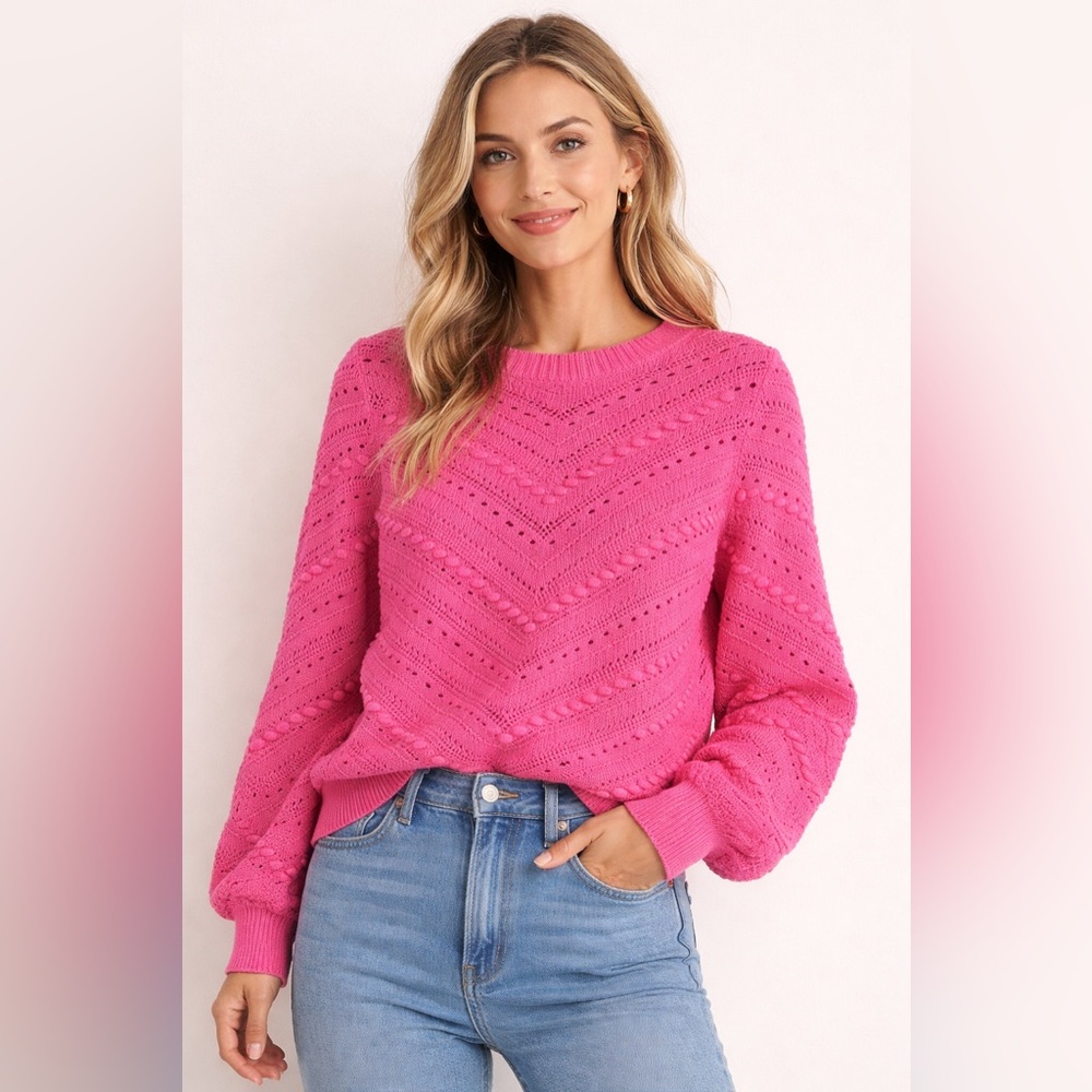 LOFT Cotton Bubblegum Pink Chevron Textured Crewneck Sweater Sz. S